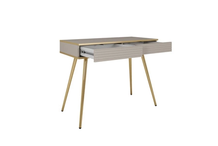 Konsole mit Schubladen Luxury beige eleganter Schminktisch mit kannelierten Fronten hohen goldenen Beinen Körper mit goldenen trim gekrönt