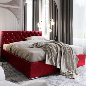 Polsterbett Bauru 140x200 dunkelrot Bett mit Staukasten im modernen skandinavischen Stil mit gestepptem Kopfteil mit Kristallen