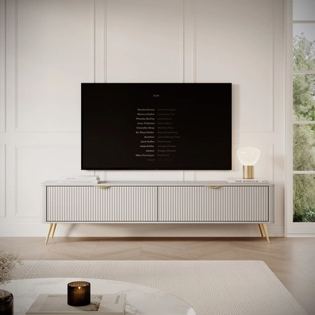 RTV Schrank Lante 200 cm beige modernes Design Korpus auf hohen Beinen geriffelte Front charakteristische ovale Form