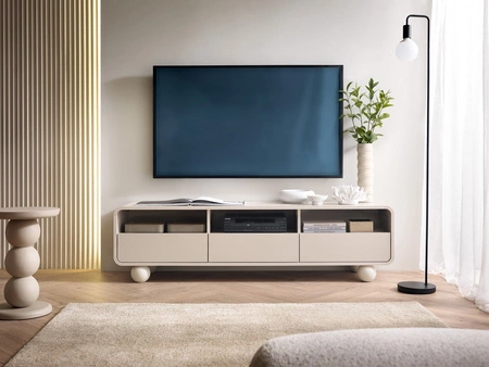 TV Schrank Bion 160 cm beige stilvoller TV-Schrank im originellen Stil geschwungene Form Designer kugelförmige Beine