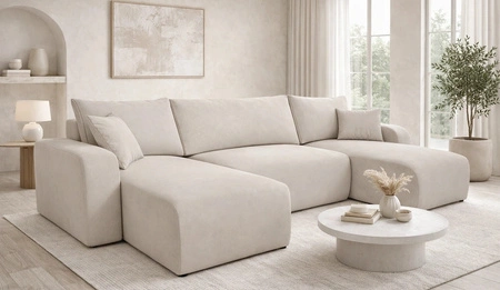 Ecksofa mit Schlaffunktion Fiesta U hellbeige stilvolles Ecksofa mit interessanter Form Stoff mit Plüsch Oberfläche Bettzeug Container