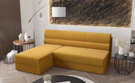 Ecksofa mit Schlaffunktion Fogu Honig-Gelb linke Seite stilvolle Ecksofa mit einfachem Design mit Cord-Stoff Bettzeug Container abgedeckt
