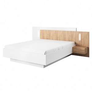 Space Bett 160x200 cm mit Bettzeug Container und Nachttische weiß / Eiche Handwerk goldenen Kopfteil mit LED-Beleuchtung bereichert