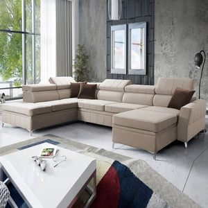 Ecksofa mit Schlaffunktion Rava VI hellbeige rechtshändig Praktisches und modernes Ecksofa, ausgestattet mit einer Multifunktionslampe