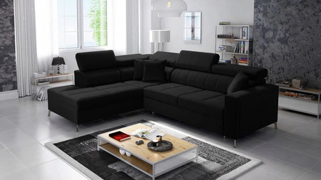 Ecksofa mit Schlaffunktion Nausa III schwarzer linksseitiger Samt stilvolles bequemes Ecksofa verstellbare Kopfstützen Bettzeugcontainer