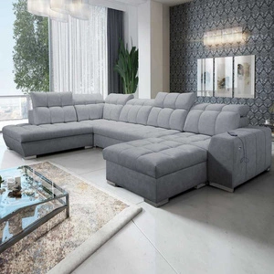 Ecksofa mit Schlaffunktion Luigi VI grau rechtsseitig stilvolles Ecksofa mit Bettzeugcontainern in weichem Stoff bezogen