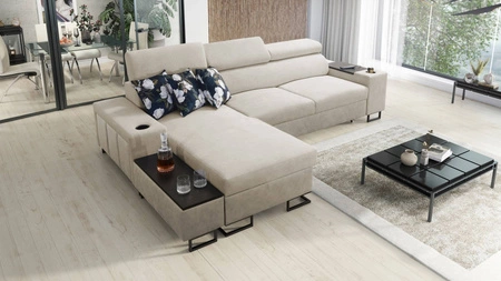 Ecksofa mit Schlaffunktion Flavio hellbeige/beige links elegantes Ecksofa mit einer seitlich öffnenden Verlängerungsstange