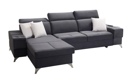 Ecksofa mit Schlaffunktion Elgin graphit/weiß linkes Ecksofa mit verstellbaren Kopfstützen praktische Schubladen in den Möbelseiten