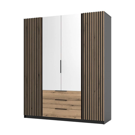 Spiegelschrank Kastano V 200 cm schwarz / Eiche evoke stilvolle Garderobe Design für Flur Garderobentüren mit schwarzen Lamellen verziert