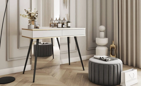 Konsole mit Schubladen Luxury weiß eleganter Schminktisch mit geriffelten Fronten hohen schwarzen Beinen Körper mit Gold trim gekrönt