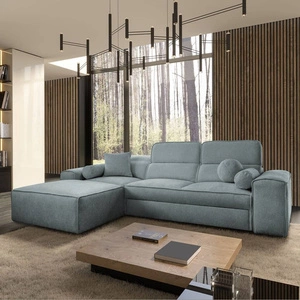 Ecksofa mit Schlaffunktion Viano grau blau links stilvolles Ecksofa mit interessanter Form verstellbare Kopfstützen Zierkissen