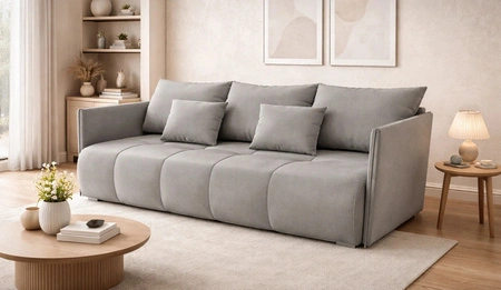 Sofa mit Schlaffunktion Selva hellgrau funktionelles Wohnzimmersofa mit Bettzeugablage aus weichem Samtstoff