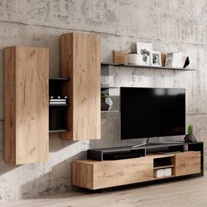 Wohnwand Elma anthrazit / Eiche handwerklich gold modernes Design Einfassung mit Spezialfurnier verarbeitet