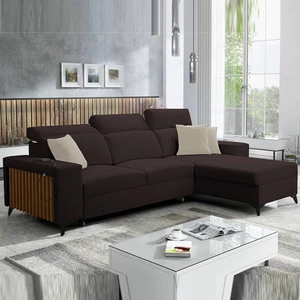 Kelly Ecksofa mit Schlaffunktion braun rechtsseitig geflochten Komfort und Funktionalität Eckseite mit Latten abgeschlossen