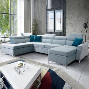 Ecksofa mit Schlaffunktion Rava VI blau rechtshändig Praktisches und modernes Ecksofa, ausgestattet mit einer Multifunktionslampe