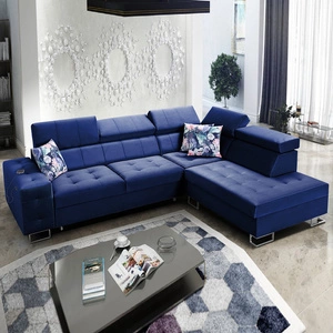 Ecksofa mit Schlaffunktion Hampton VII navy blue rechtes Ecksofa für Zimmer aus Samtstoff mit glatter Oberfläche