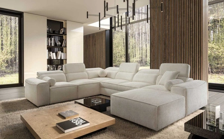 Ecksofa mit Schlaffunktion Viano VIII creme rechts modernes Ecksofa mit interessantem Design Container für Bettzeug