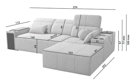 Ecksofa mit Schlaffunktion Tesalia beige rechte Seite modernes Design komfortable Schiebelehne Schublade in der Seite des Möbels