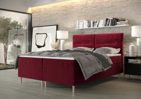 Boxspringbett Voltera 160x200 Dunkelrot moderner skandinavischer Stil mit charakteristischem Kopfteil