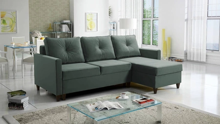 Ecksofa mit Schlaffunktion Terni Stahl grün rechts Praktisches und funktionelles Ecksofa mit geräumigen Behältern für Bettzeug