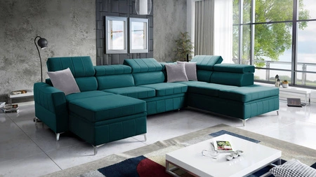 Ecksofa mit Schlaffunktion Rava VI azurblau links praktisches und modernes Ecksofa mit einer Multifunktionslampe ausgestattet