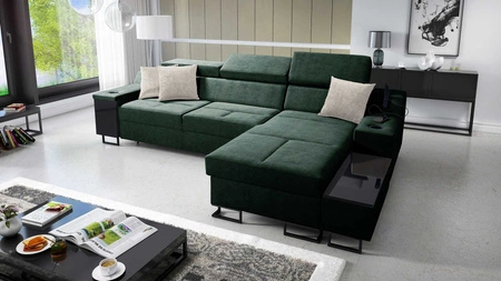 Ecksofa mit Schlaffunktion Alcamo grün rechte Ecke elegantes und stilvolles Ecksofa mit einer ausziehbaren praktischen Schublade an der Seite des Möbels