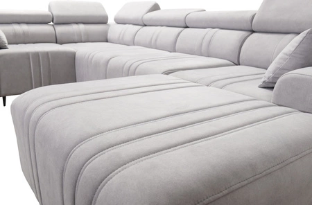 Ecksofa mit Schlaffunktion Castel IV rosa rechte Seite stilvolles Ecksofa mit Bettzeugcontainern und verstellbaren Kopfstützen