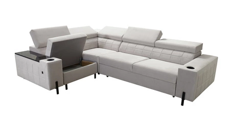 Ecksofa mit Schlaffunktion Belvi II oliv links elegantes und ergonomisches Ecksofa für das Wohnzimmer praktischer Stauraum an der Seite