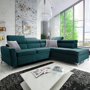 Ecksofa mit Schlaffunktion Rava III azurblauer rechtsseitiger Samt komfortables Ecksofa mit verstellbaren Kopfstützen und Bettzeugcontainer