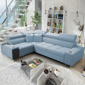 Ecksofa mit Schlaffunktion Dafni II blaues linksseitiges Ecksofa aus Samt mit Bettzeugstauraum und Vollauszug