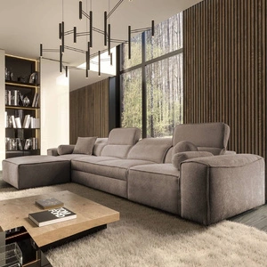 Ecksofa mit Schlaffunktion Viano XII hellbraun linkes Ecksofa mit interessanter Form verstellbare Kopfstützen Zierkissen