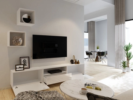 Mistra weiß / weiß glänzend universelle und stilvolle Schrankwand für das Wohnzimmer minimalistisches Design in einer modernen Umgebung