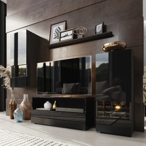 Die universelle und stilvolle Wohnwand Olimpia schwarz/schwarz glänzend - schlichte Teile, die sich in jedes Interieur einfügen