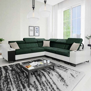 Ecksofa mit Schlaffunktion Alcamo III grün / weiß rechts Funktions-Ecksofa mit Schublade in der Seite zwei Behälter für Bettzeug