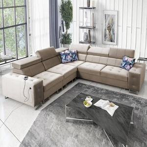 Ecksofa mit Schlaffunktion Hampton III beige links komfortables Ecksofa aus glattem und weichem Samtstoff