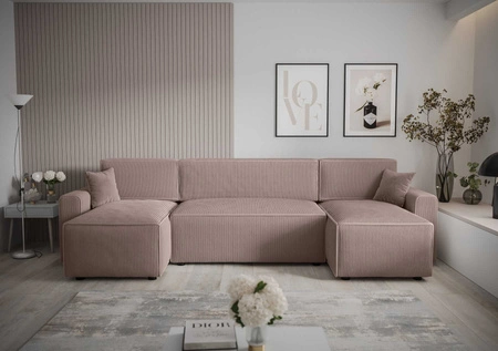 Ecksofa mit Schlaffunktion Brandon U Bis hellbrauner Bettwäschecontainer dreidimensionaler Stoff mit ausdrucksvollen Streifen weiche Armlehnen