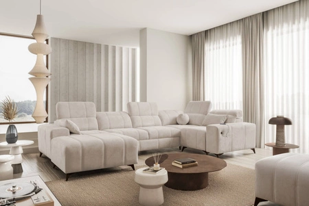 Penejos IV Ecksofa mit Schlaffunktion beige linke Seite stilvolles Ecksofa mit zwei Bettkästen strapazierfähiger Stoff