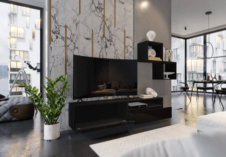 Mesini schwarz / schwarz glänzend moderne Wohnwand mit praktischem Push-to-Open-Schubladensystem