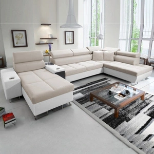 Ecksofa mit Schlaffunktion Dafni V hellbeige/weiß Linkshänder Samt bequemes Ecksofa mit verstellbaren Kopfstützen