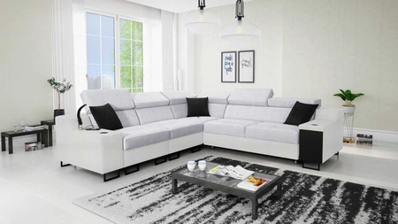 Ecksofa mit Schlaffunktion Alcamo III grau Esche / weiß links Funktions-Ecksofa mit einer Schublade in der Seite zwei Behälter für Bettzeug