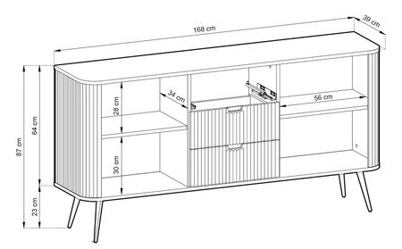 Kommode Zoya 168 cm schwarz elegantes Design oval geformt massiv auf goldenen Beinen geschmackvoll geriffelte Front gesetzt