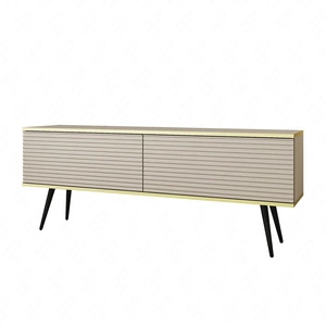 TV-Schrank Luxury 135 cm beige elegantes Design stilvolle geriffelte Front Korpus mit goldener Zierleiste schwarze Metallbeine gekrönt