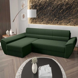 Ecksofa mit Schlaffunktion Fogu III grün linke Seite stilvolles Ecksofa mit Armlehnen Container für Bettzeug Kordelstoff