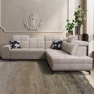 Ecksofa mit Schlaffunktion Buffalo IX beige rechte Seite stilvolles Ecksofa für Zimmer aus Veloursstoff Zierkissen