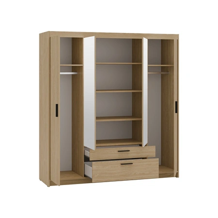 Kleiderschrank mit Spiegel Rene 176 cm Eiche geölt stilvolles Design schwarze Griffe idealer Kleiderschrank für Schlafzimmer geräumige Schubladen