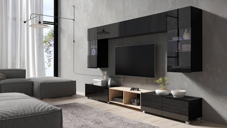 Möbelwand Apulia XXIV schwarz glänzend / Eiche handwerklich extrem stilvolle Möbelwand einfache Elemente, die in jedes Interieur passen
