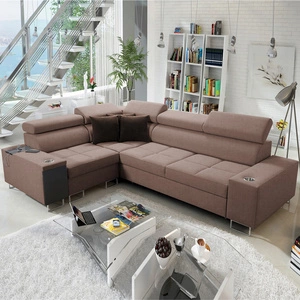 Ecksofa mit Schlaffunktion Dafni II hellbraunes, links geflochtenes Ecksofa mit Bettzeugschublade in der Seite des Möbels