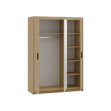 Kleiderschrank mit Spiegel Rene 133 cm Eiche geölt geräumiger Kleiderschrank für das Schlafzimmer in natürlichen Farben mit stilvollen schwarzen Griffen