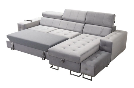 Ecksofa mit Schlaffunktion Hampton grau Esche rechts stilvolle Steppung auf der Sitzfläche weicher Polsterstoff Ecksofa mit Verlängerung