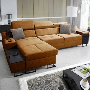 Ecksofa mit Schlaffunktion Alcamo honey links elegantes und stilvolles Ecksofa mit einer ausziehbaren praktischen Schublade an der Seite des Möbels